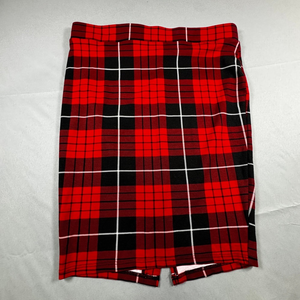 Torrid Red Black Plaid Pencil Skirt Plus Sz 1 Stretch Knit Midi Coquette Holiday